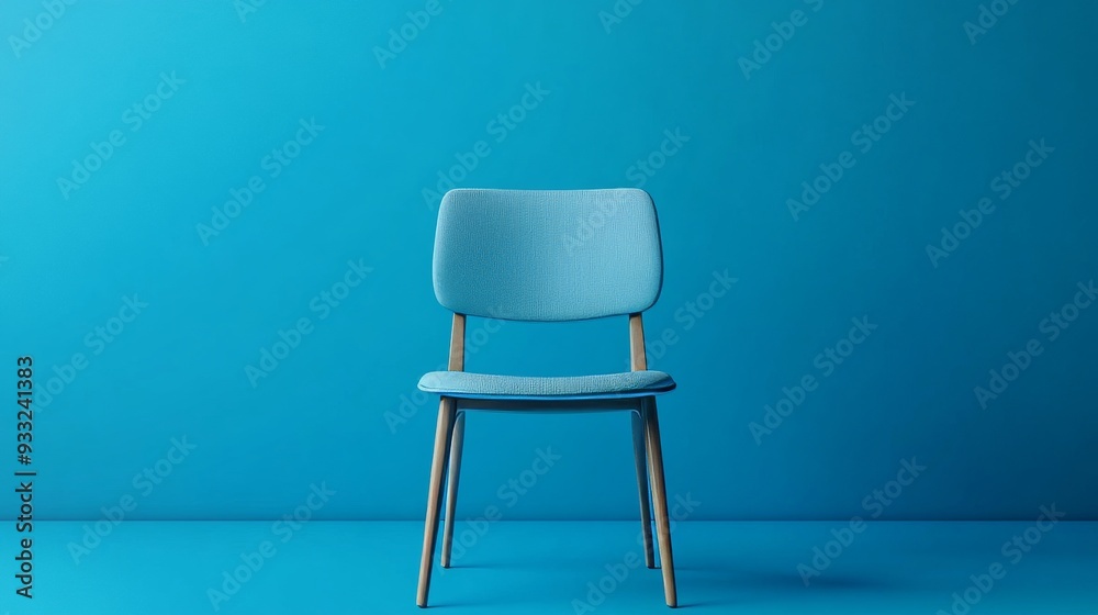 A blue chair with a wooden frame sits in front of a blue wall A blue chair with a wooden frame sits in front of a blue wall