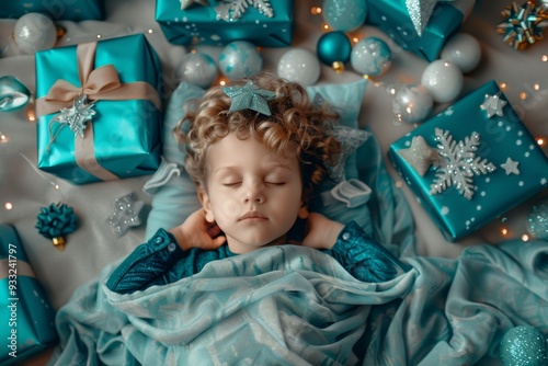 Small boy curly hair dozing surrounded soft serenity. Beautiful child rests quietly wrapped cozy dreamland comfort. Childhood innocence captured serene slumber. photo