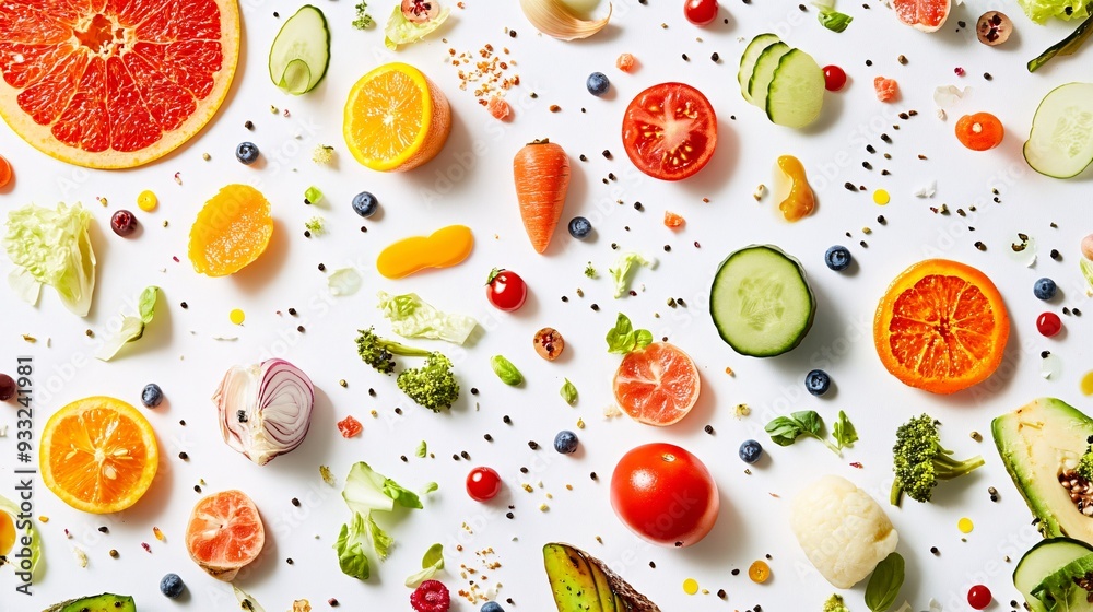 Scattered images of various foods creating a whimsical abstract pattern Scattered images of various foods creating a whimsical abstract pattern