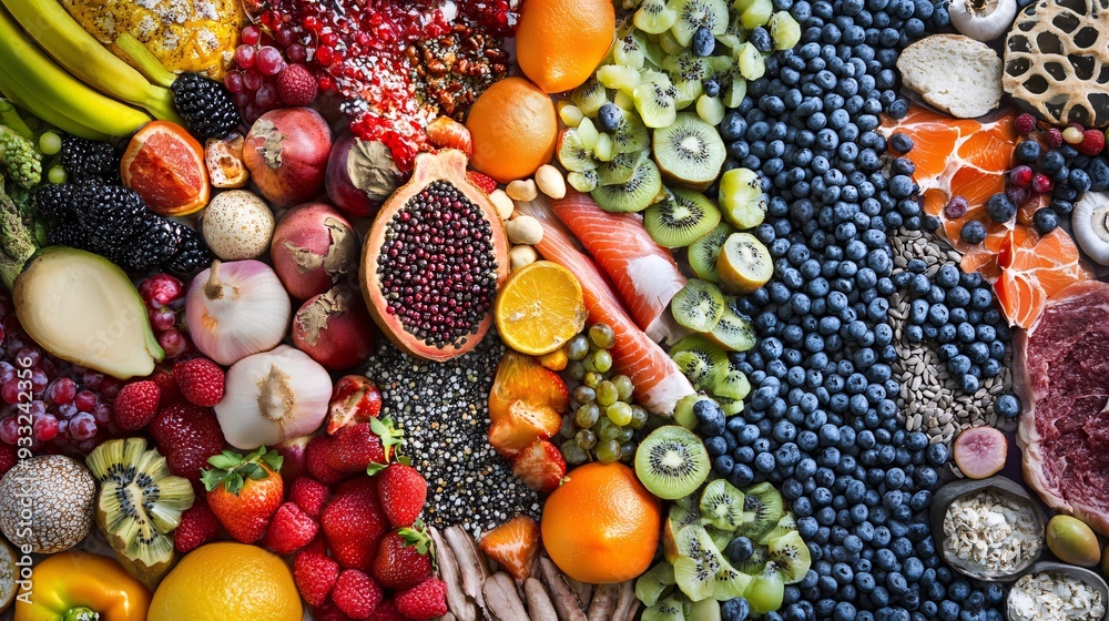 Overlapping images of various foods forming an abstract background Overlapping images of various foods forming an abstract background