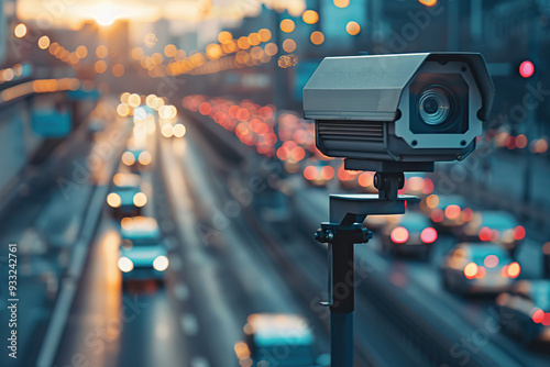 Security CCTV camera observes vehicular traffic on a road
