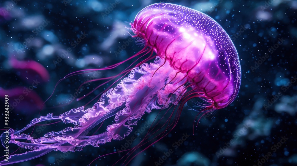 Obraz premium Glowing jellyfish in the deep ocean