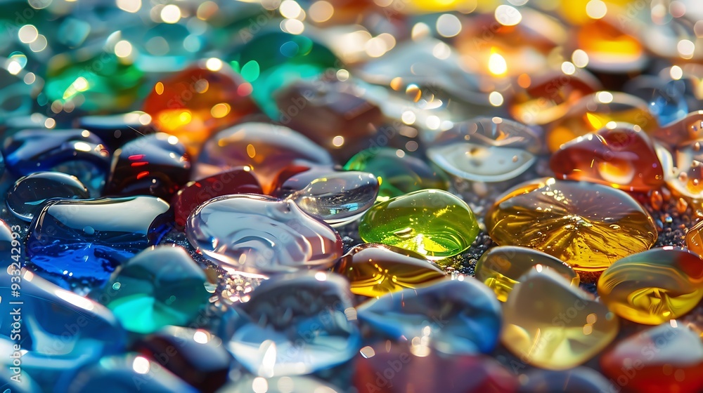 Detail of many colorful glass pieces with water lying on top drops Detail of many colorful glass pieces with water lying on top drops