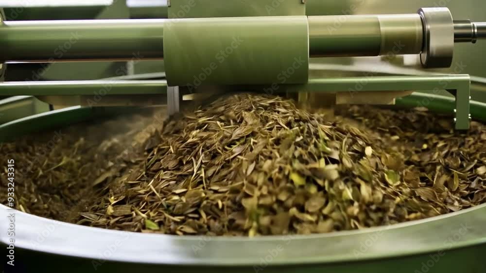 The Dried herbs are being processed in a green facility, showcasing rich textures.