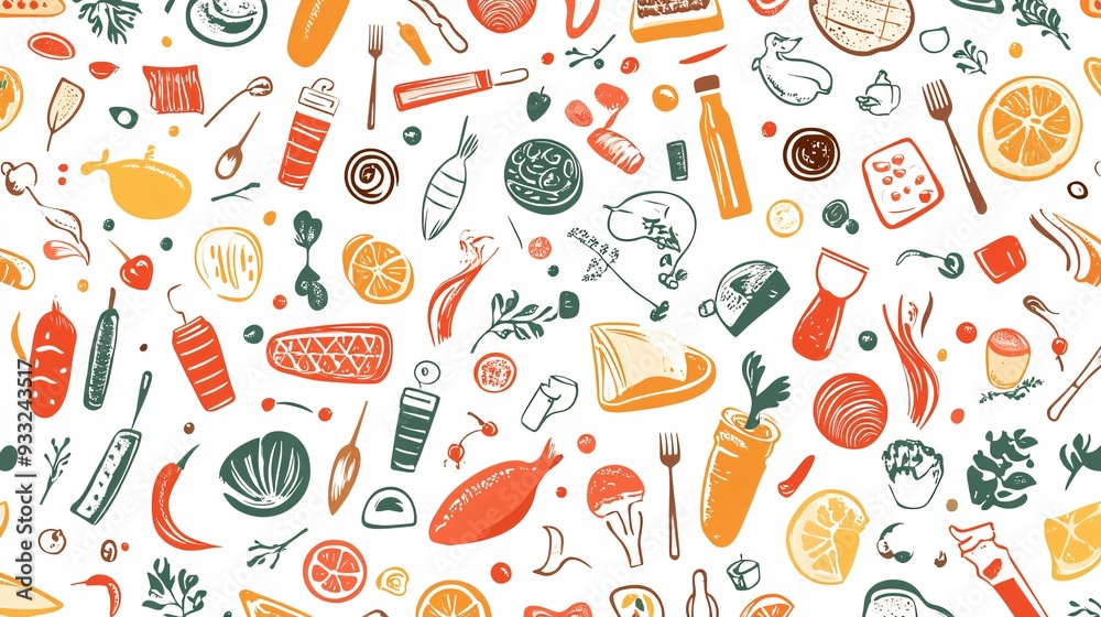 Abstract pattern of different cuisines placed randomly on a light gradient background Abstract pattern of different cuisines placed randomly on a light gradient background