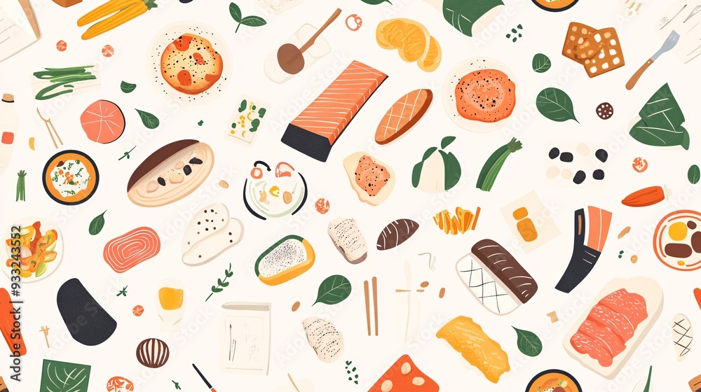 Abstract pattern of different cuisines placed randomly on a light gradient background Abstract pattern of different cuisines placed randomly on a light gradient background