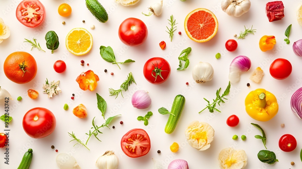 Abstract pattern of various foods arranged randomly on a soft background Abstract pattern of various foods arranged randomly on a soft background