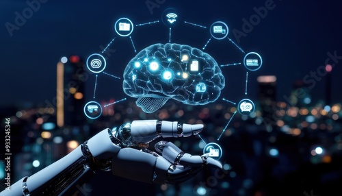 Futuristic robot hand interacting with digital brain interface representing artificial intelligence technology in modern smart city