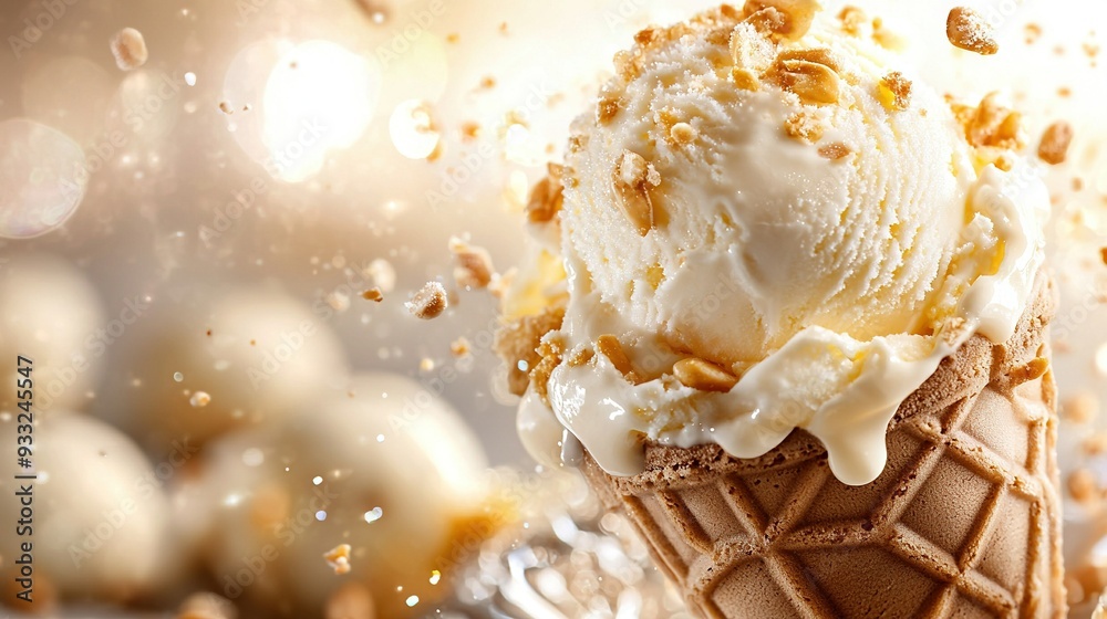 An ice cream cone with a scoop of vanilla ice cream on top, surrounded by various ice cream balls An ice cream cone with a scoop of vanilla ice cream on top, surrounded by various ice cream balls