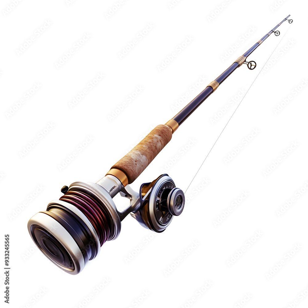 Detailed and of a Fishing Rod with Intricate Reel and Tackle Isolated on a Pristine White Background for Sporting or Outdoor Activity Concepts Detailed and of a Fishing Rod with Intricate Reel and Tackle Isolated on a Pristine White Background for Sporting or Outdoor Activity Concepts