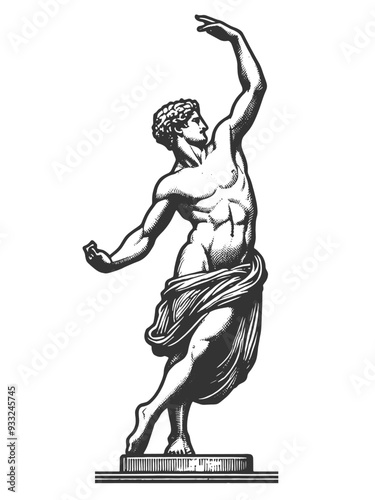 Greek statue depicting a male figure in a dance pose, classical art and elegance sketch engraving generative ai fictional character vector illustration. Scratch board imitation. Black and white image.