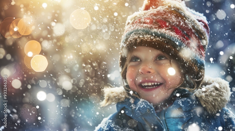 A young child wearing a colorful winter hat and blue jacket is smiling while looking up at the falling snow. The background is blurred with bright lights. A young child wearing a colorful winter hat and blue jacket is smiling while looking up at the falling snow. The background is blurred with bright lights.