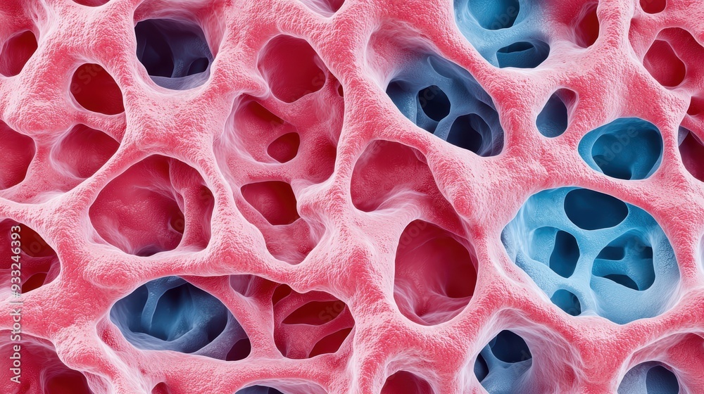 Fototapeta premium Intricate Microscopic Osteocytes in Bone Tissue - High Detail Cellular Structure Illustration with Copy Space for Text in 8K Resolution