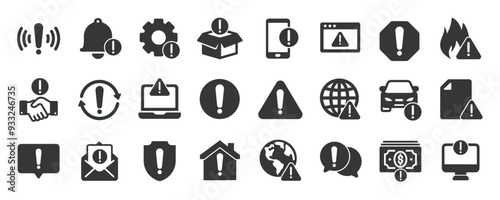 Alert glyph solid icons collection. Containing content exclamation, error, caution, notification. Minimal icon and symbol series vector illustration photo