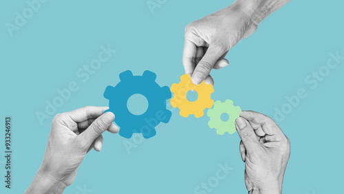 Teamwork and effective project management concept. Collage with hands with gears as Team building process photo