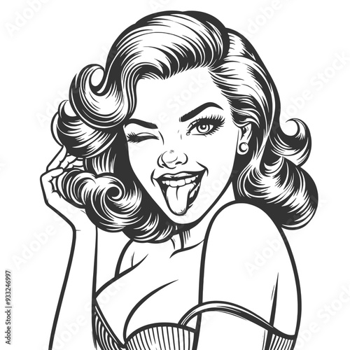 woman playfully winking and sticking out her tongue, exuding charm and humor sketch engraving generative ai fictional character vector illustration. Scratch board imitation. Black and white image.