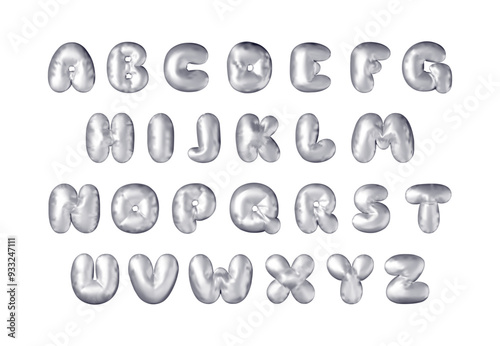 3d silver metallic alphabet balloon set isolated on white. Render white font characters. Decorative shiny symbols for banner, cover, holidays, anniversary party or birthday. Vector Illustration