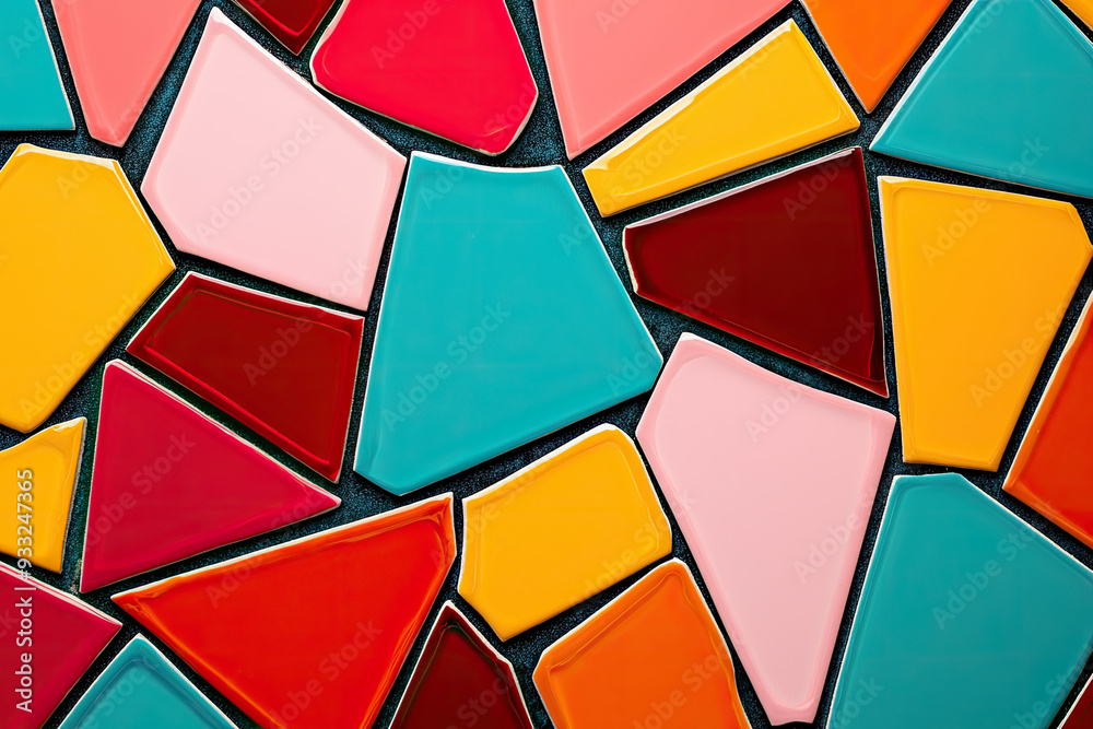 Fototapeta premium Vibrant mosaic of colorful tiles in various shapes, adding artistic flair and texture to any surface or design.
