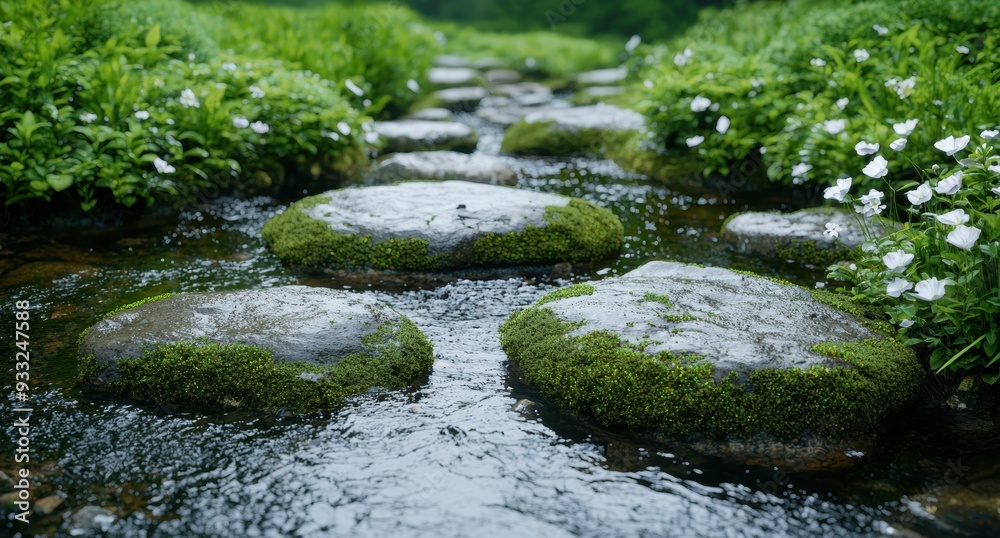 Serene moss-covered stone path through lush green forest Serene moss-covered stone path through lush green forest