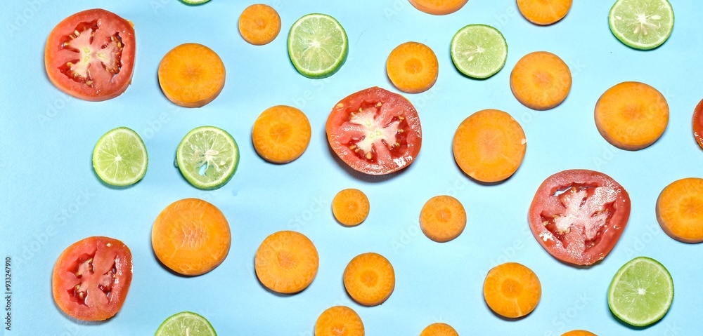 fresh healthy fruit and vegetable on blue background with panorama crop fresh healthy fruit and vegetable on blue background with panorama crop