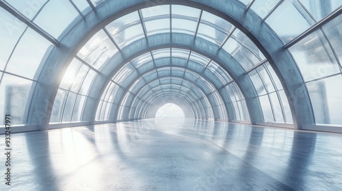 A modern empty walkway with a glass ceiling and shiny floor.