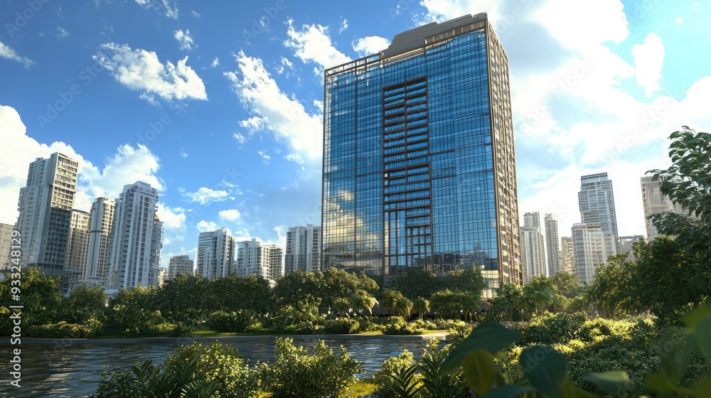 Obraz premium A modern skyscraper stands tall among a lush park in a bustling city with a blue sky and puffy white clouds.