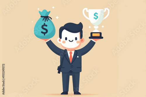 illustration of a businessman holding up a money bag and trophy as a symbol of success