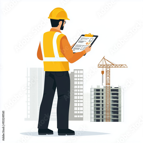 flat illustration of a professional safety checking a construction site, with clipboard, white background