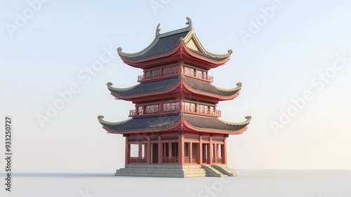 A red and black three-story pagoda with a white background.