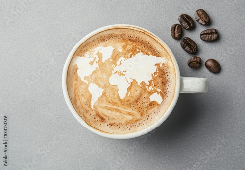 world map latte art with coffee beans