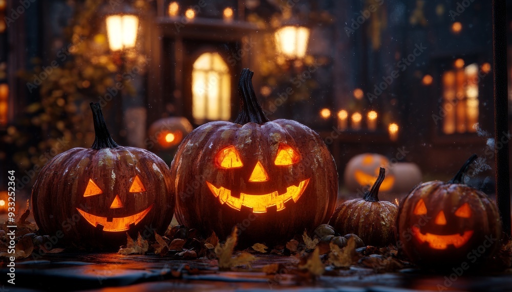 Halloween Celebration with Glowing Jack-O-Lanterns on Rustic Porch at Night Halloween Celebration with Glowing Jack-O-Lanterns on Rustic Porch at Night