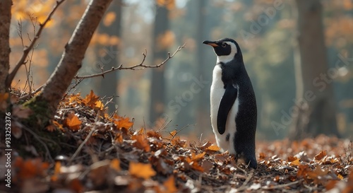 Cute animal wallpaper collection, Autumn penguin, Charming portrait of penguin amid fallen leaves in forest setting