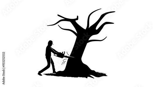 man sawing tree with chainsaw, black isolated silhouette