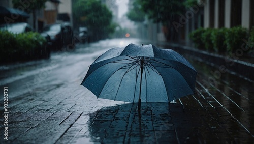 An umbrella in the rain with the rain falling on it