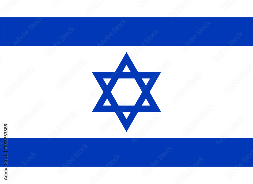 The flag of the State of Israel features a blue Star of David on a white font, located between two blue horizontal lines The flag of the State of Israel features a blue Star of David on a white font, located between two blue horizontal lines