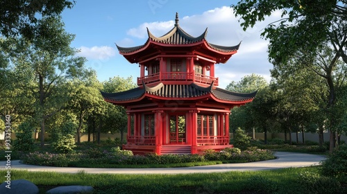 A red pagoda stands in a lush garden with a winding path leading up to it.