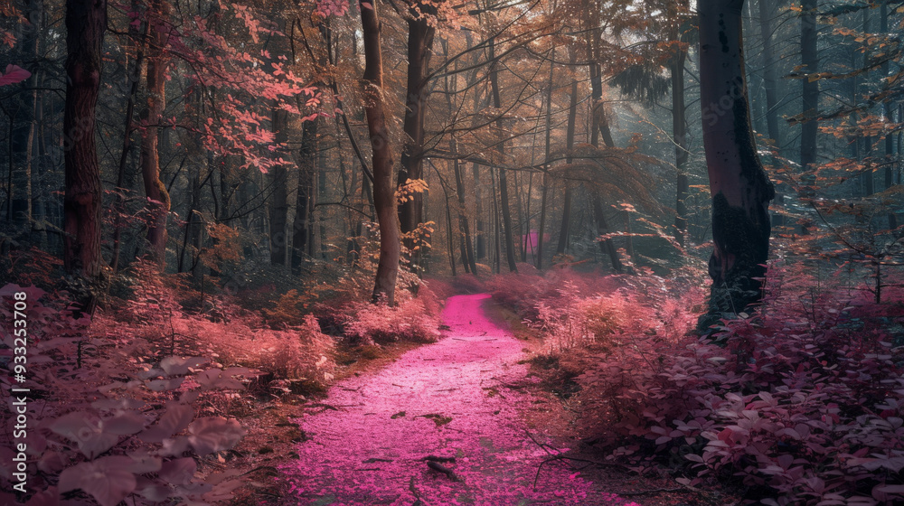 Obraz premium Peaceful Forest with Pink Path, Symbol of Hope and Survival 