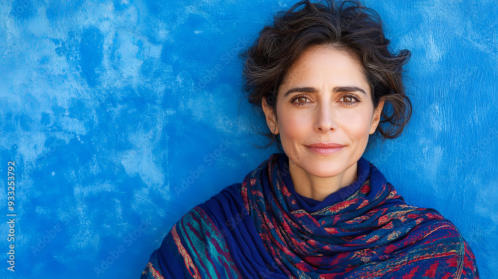 Woman with wavy hair wearing a colorful scarf poses against a vibrant blue wall during daylight Woman with wavy hair wearing a colorful scarf poses against a vibrant blue wall during daylight