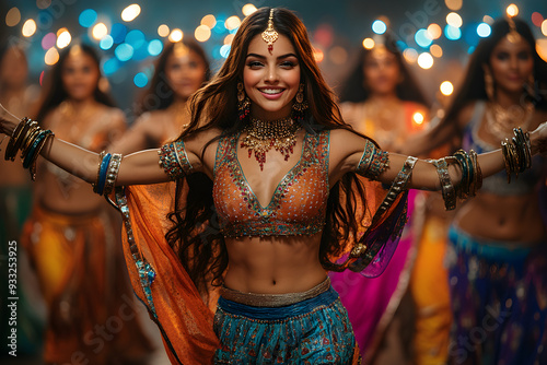 Vibrant Bollywood Dance Celebration: Traditional Attire and Festive Lights.