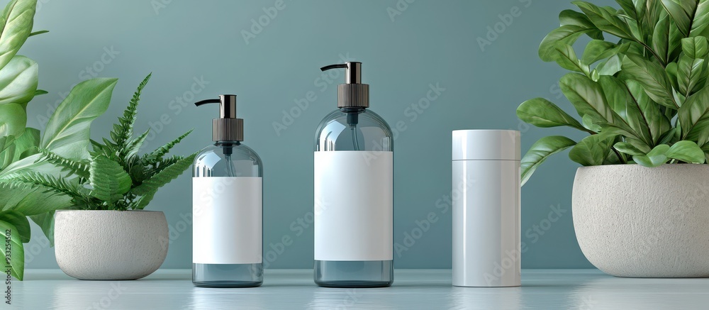 Minimalist Bathroom Counter with Skincare Bottles and Green Plants in Modern Decor Minimalist Bathroom Counter with Skincare Bottles and Green Plants in Modern Decor