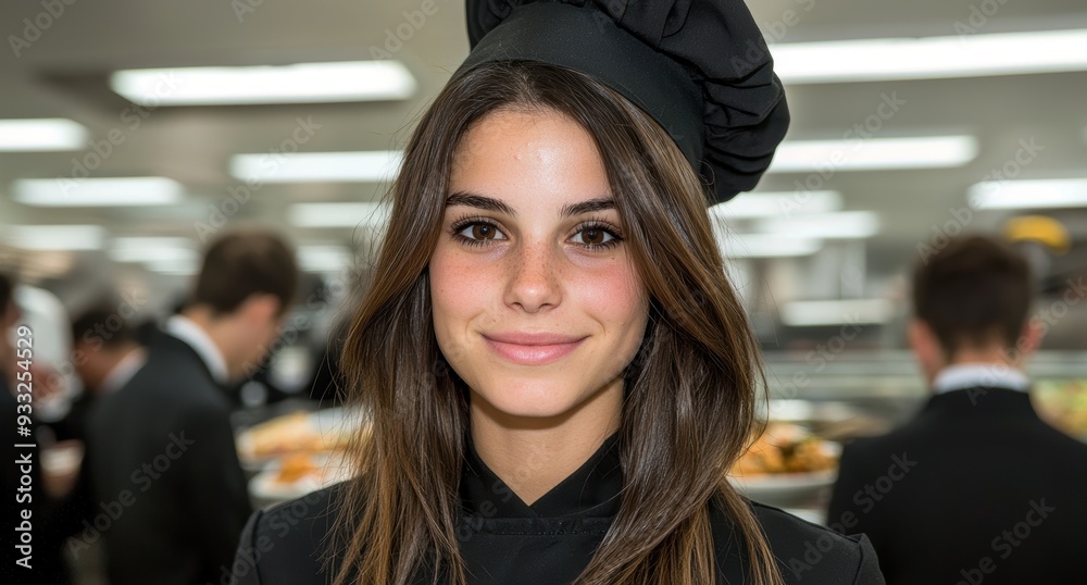 smiling woman in black chef's hat smiling woman in black chef's hat