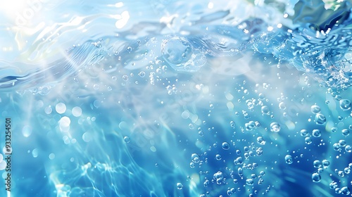 Transparent blue clear water surface texture with ripples, splashes and bubbles. Abstract summer banner background Water waves in sunlight with copy space Cosmetic moisturizer micellar toner emulsion.