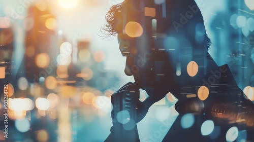 Silhouette of a thoughtful person against a city background with glowing bokeh lights, depicting contemplation and urban life.