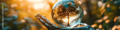 Eco-Tech Harmony: Robot Hand Holding Earth Crystal Ball with Tree. Futuristic Environmental Protection Concept. Sustainable Development through Science and Technology. Minimalist Design for World Envi photo