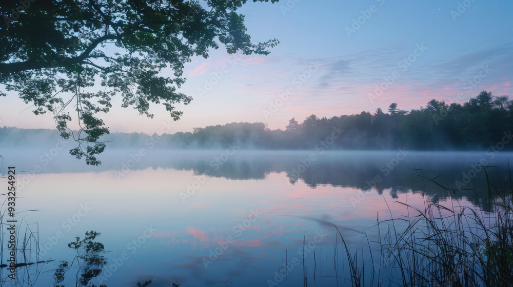 Fototapeta premium Pink Ribbon Reflected in Dawn Lake, Symbolizing Breast Cancer Awareness 