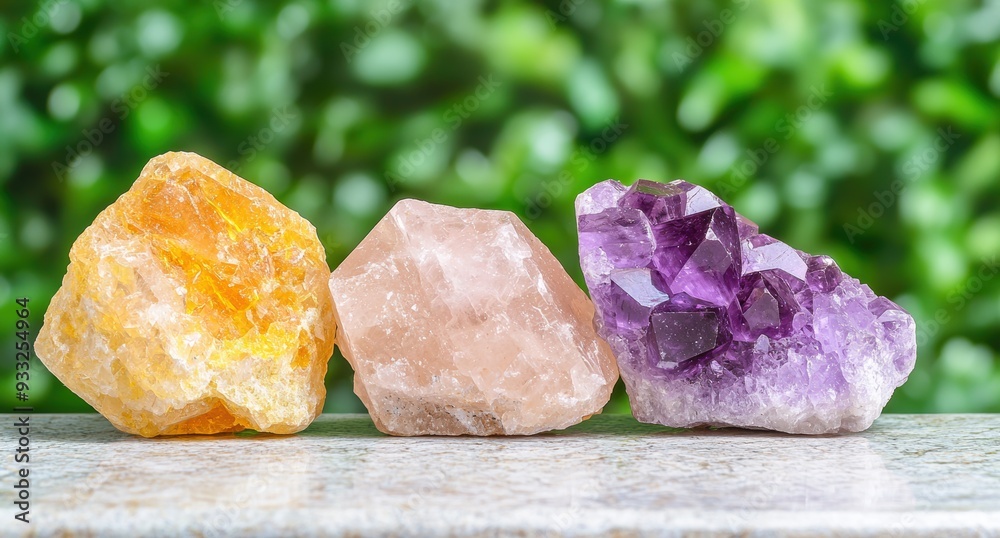 Colorful natural crystals on wooden surface Colorful natural crystals on wooden surface