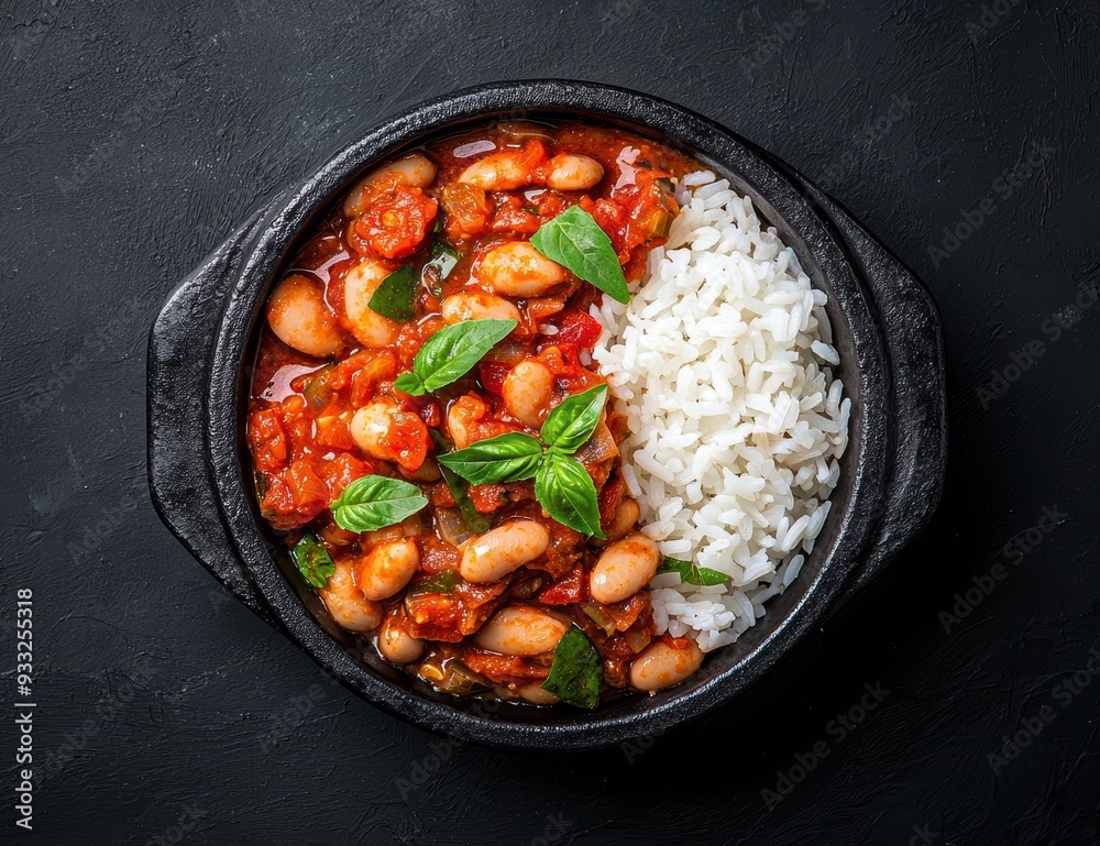 Spicy tomato and bean stew with white rice Spicy tomato and bean stew with white rice