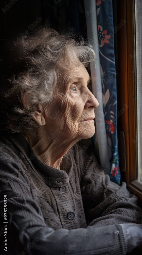 An elderly woman in black gazes thoughtfully out a window, showcasing her aging face. The setting, with sparse furnishings, exudes a melancholic and nostalgic atmosphere. An elderly woman in black gazes thoughtfully out a window, showcasing her aging face. The setting, with sparse furnishings, exudes a melancholic and nostalgic atmosphere.