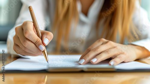 Female HR recruiter signing a contract in a professional office, woman writing in a library, engaged in an indoor exam with a serene and focused atmosphere. photo