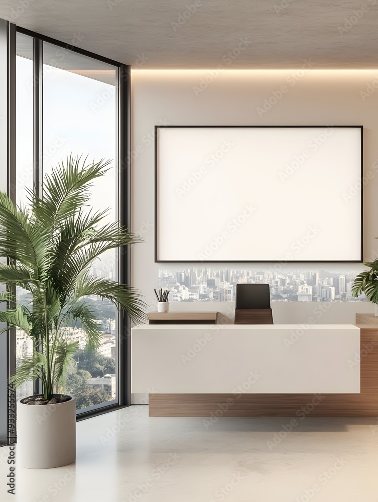 Minimalist and modern 3D rendered home office scene featuring a white background frame,floating desk,and large window overlooking a cityscape in a clean,contemporary style. Minimalist and modern 3D rendered home office scene featuring a white background frame,floating desk,and large window overlooking a cityscape in a clean,contemporary style.